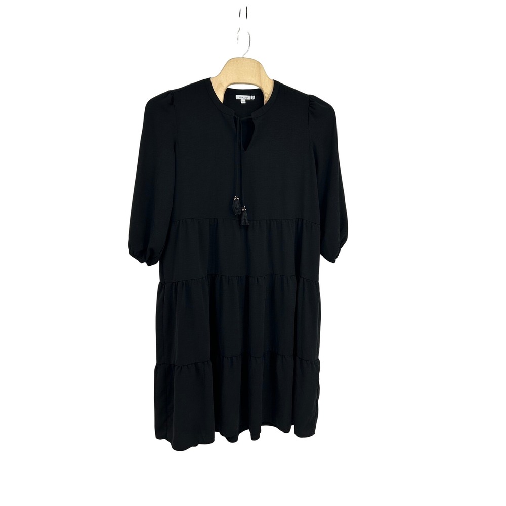 Chico's Black Tiered Tassel Tie Swing Dress Size 3 US Size 16 Boho Chic